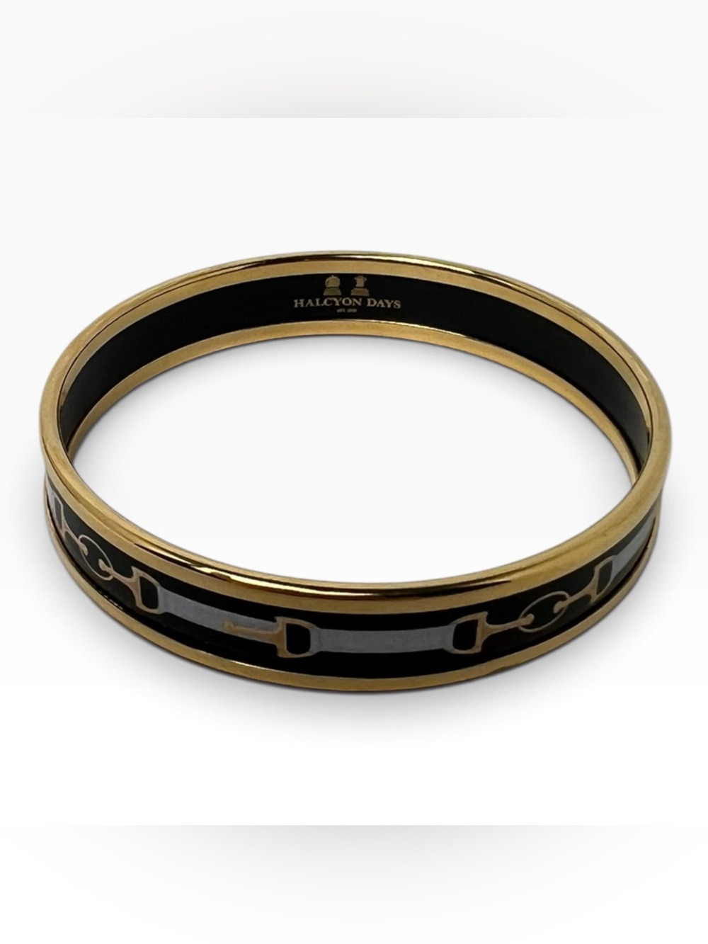 Halcyon Days Black Enamel Gold Tone Equestrian Snaffle Bangle Bracelet
